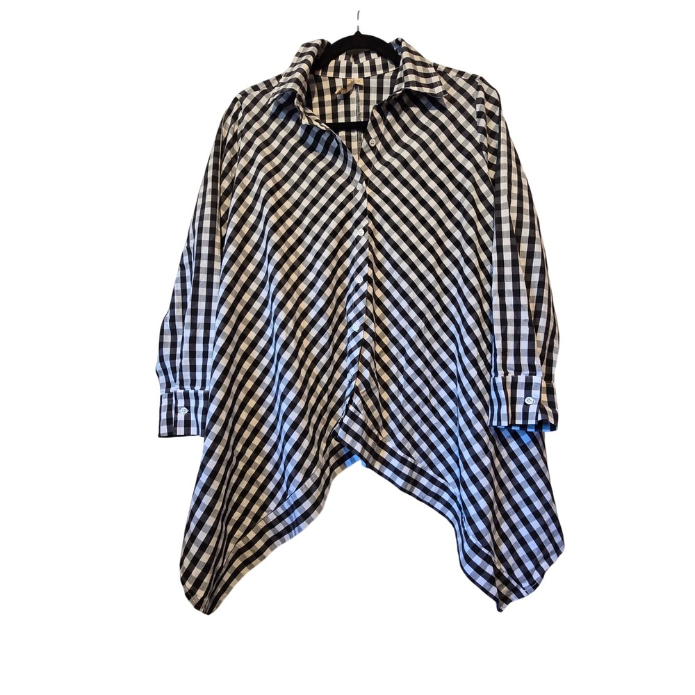 Comfy USA Asymmetrical Check Shirt Womens M Black Gingham Lagenlook Summer